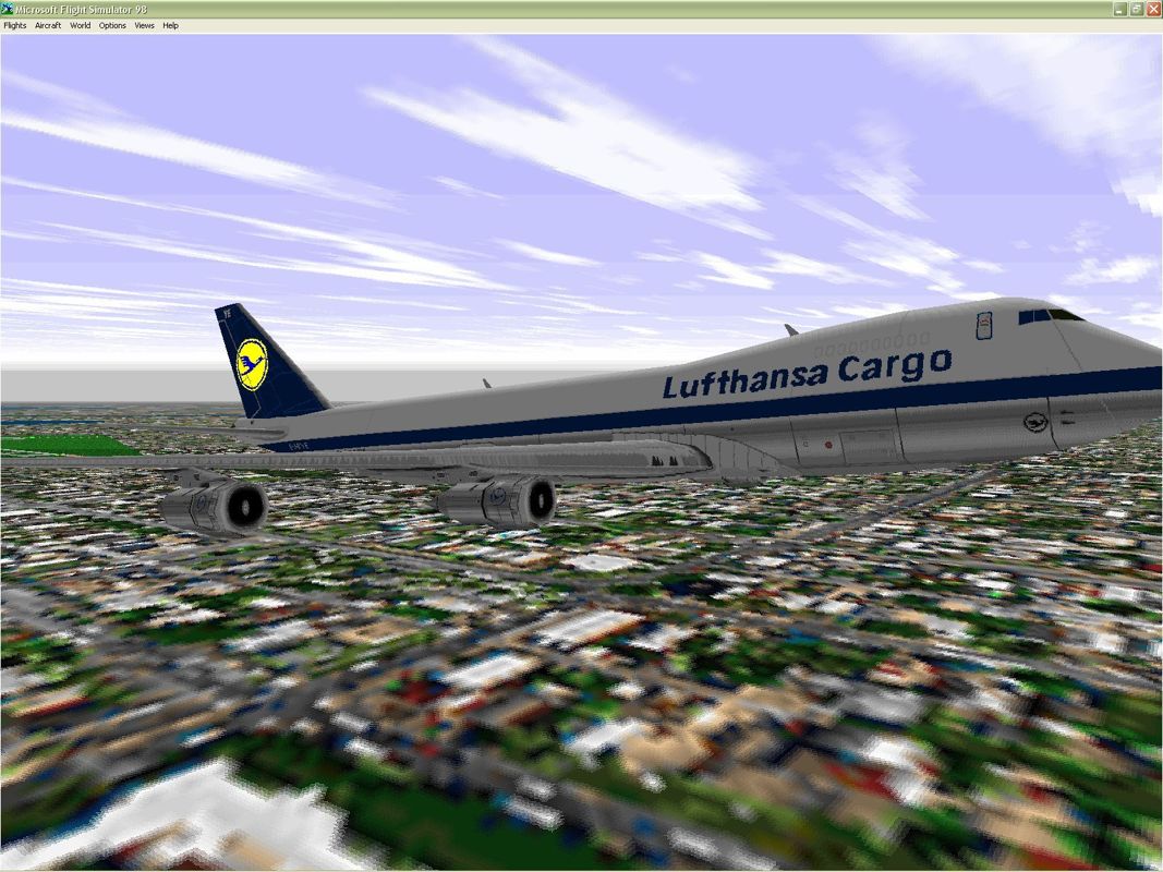 747 (Windows) screenshot: The Boeing 747-230 F in Lufthansa Cargo livery Microsoft Flight Simulator 98