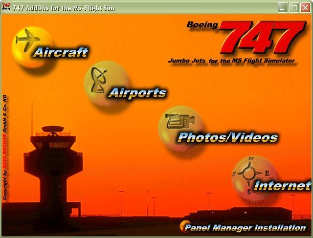 747 (Windows) screenshot: This panel pops up when the CD is loaded. Through this interface the player can load specific aircraft, airports or view photos and videos