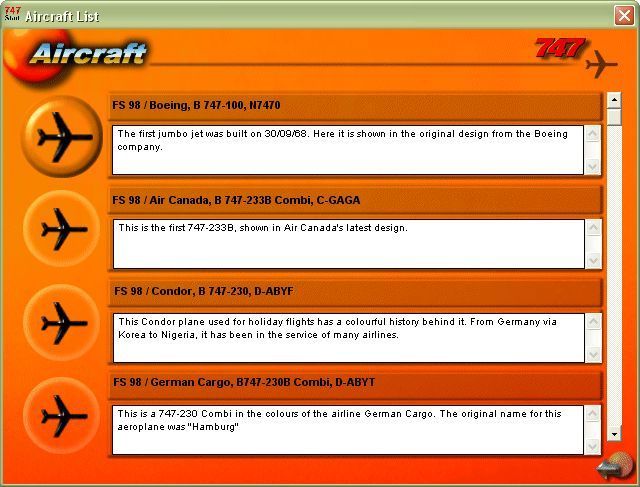 747 (Windows) screenshot: This shows the aircraft installation browsing window. From here the player can choose the plane they wish to inspect / install
