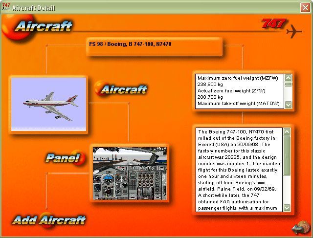 747 (Windows) screenshot: Once a plane has been selected the player gets to view it's technical data and a photo. Not all the planes can be installed under Flight Simulator 98, some are specific to Flight Simulator v6.0