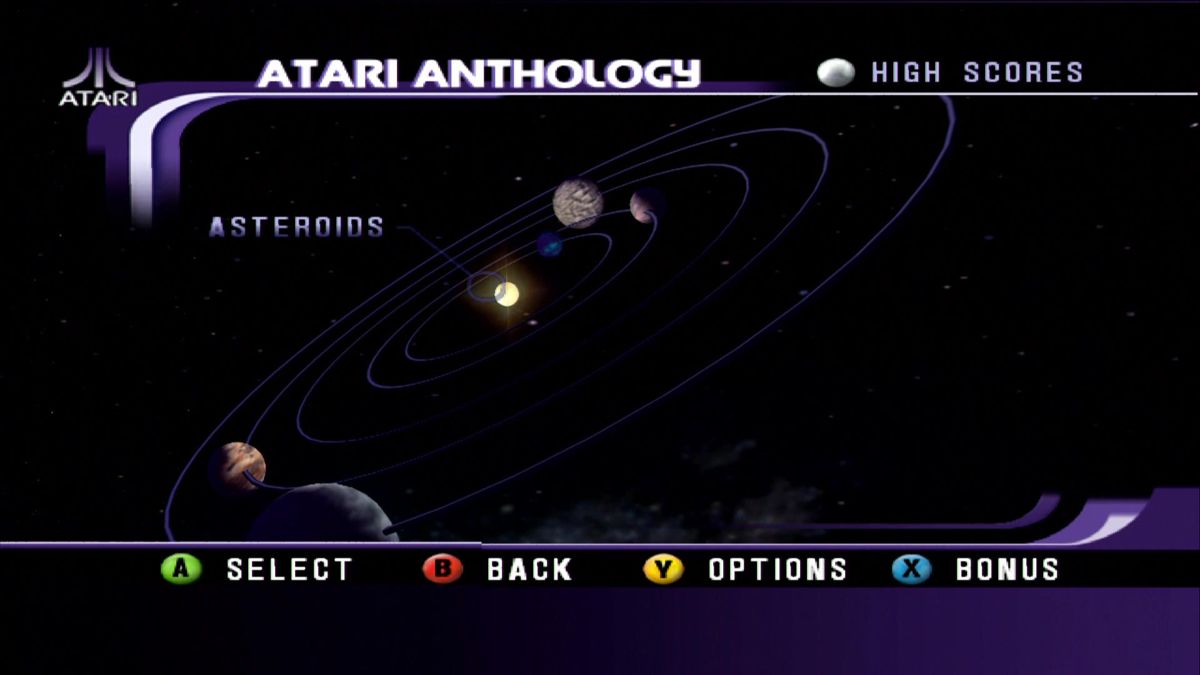 Atari: 80 Classic Games in One! (Xbox) screenshot: Start menu for Asteroids