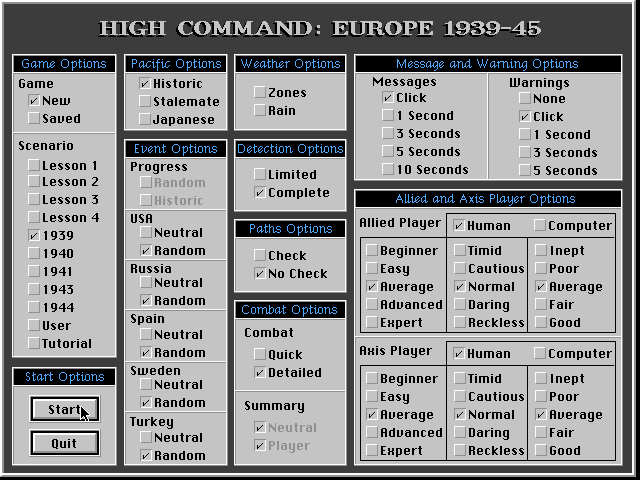 High Command: Europe 1939-'45 (DOS) screenshot: Setup Your Game