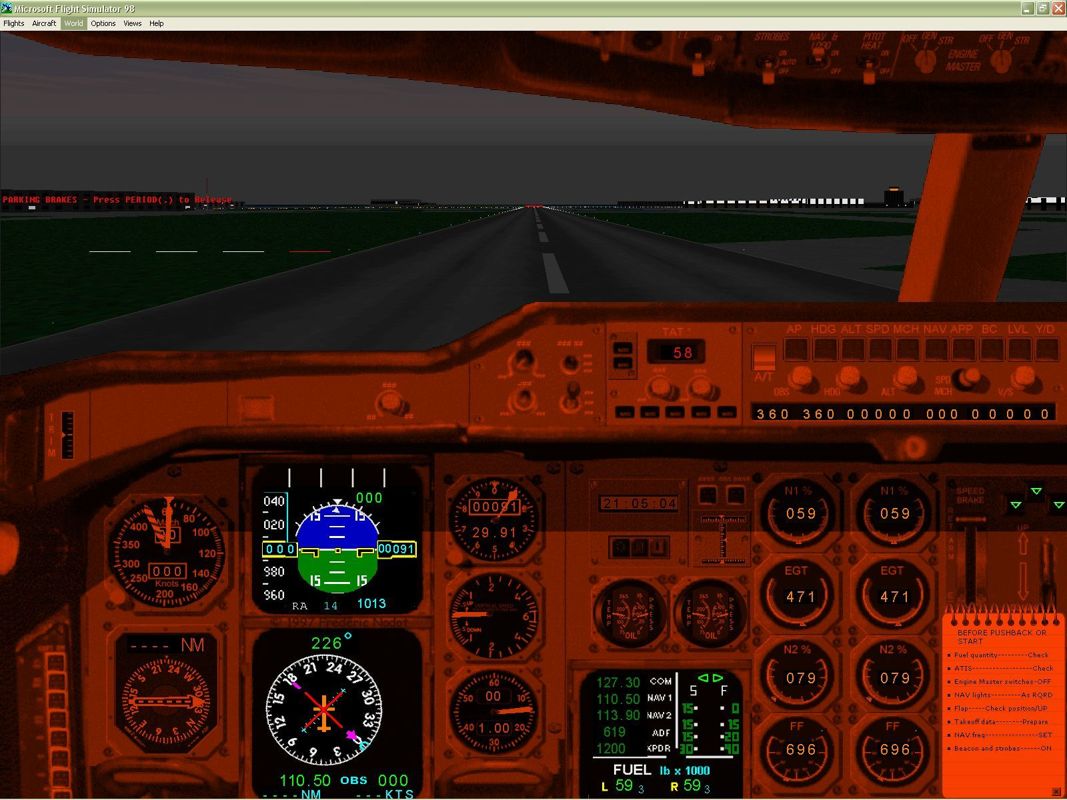 Airbus 2000 (Windows) screenshot: The instrument panel of the A300B4-605R at night.
