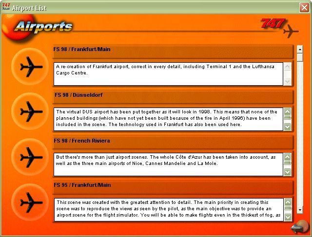 747 (Windows) screenshot: This shows the airport browsing window. From here the player can choose the plane they wish to inspect / install. Some airports are specific to Flight Simulator v6.0