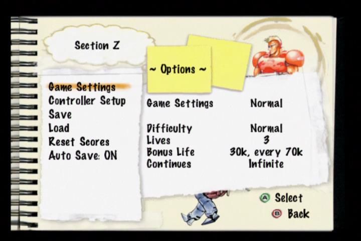 Capcom Classics Collection (Xbox) screenshot: Section Z settings