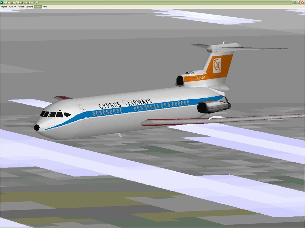 VIP Classic Airliners 2000 (Windows) screenshot: The Hawker Siddeley Trident 2B in Cyprus Airways livery.The Trident 1C and 1E variants are also available. Microsoft Flight Simulator 98