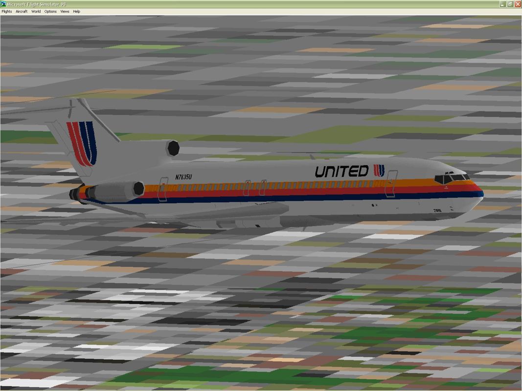 VIP Classic Airliners 2000 (Windows) screenshot: The Boeing 727-222 in United livery. There are other variants including the 727-17, 727-277, 727-29C, 727-30 and 727-31 in the package. Microsoft Flight Simulator 98