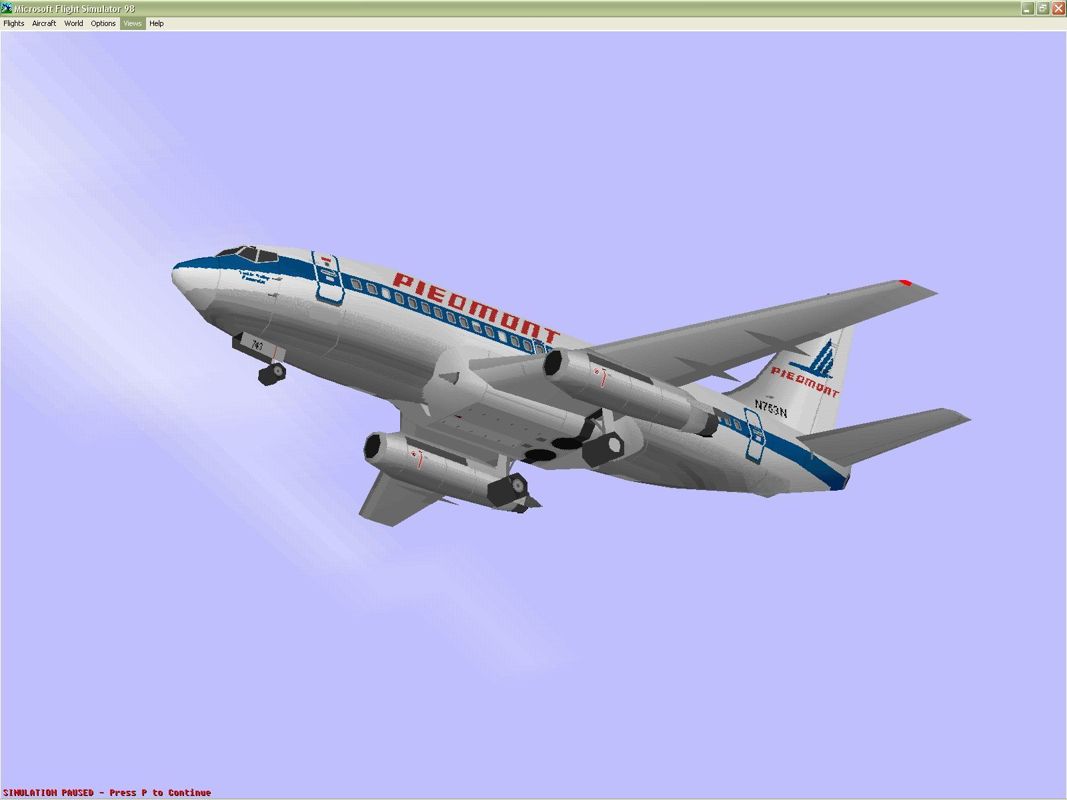 VIP Classic Airliners 2000 (Windows) screenshot: The Boeing 737-200 in Piedmont livery. Microsoft Flight Simulator 98