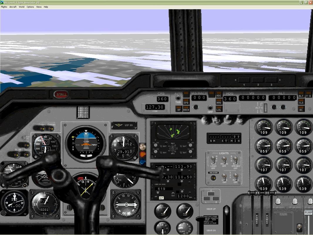 VIP Classic Airliners 2000 (Windows) screenshot: The Hawker Siddeley Trident cockpit. The yoke does not move when the player moves the joystick. Microsoft Flight Simulator 98
