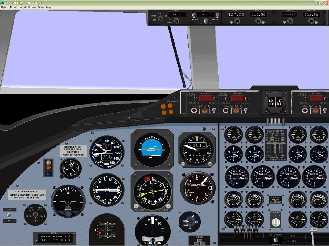 VIP Classic Airliners 2000 (Windows) screenshot: The Vickers Viscount cockpit. Microsoft Flight Simulator 98