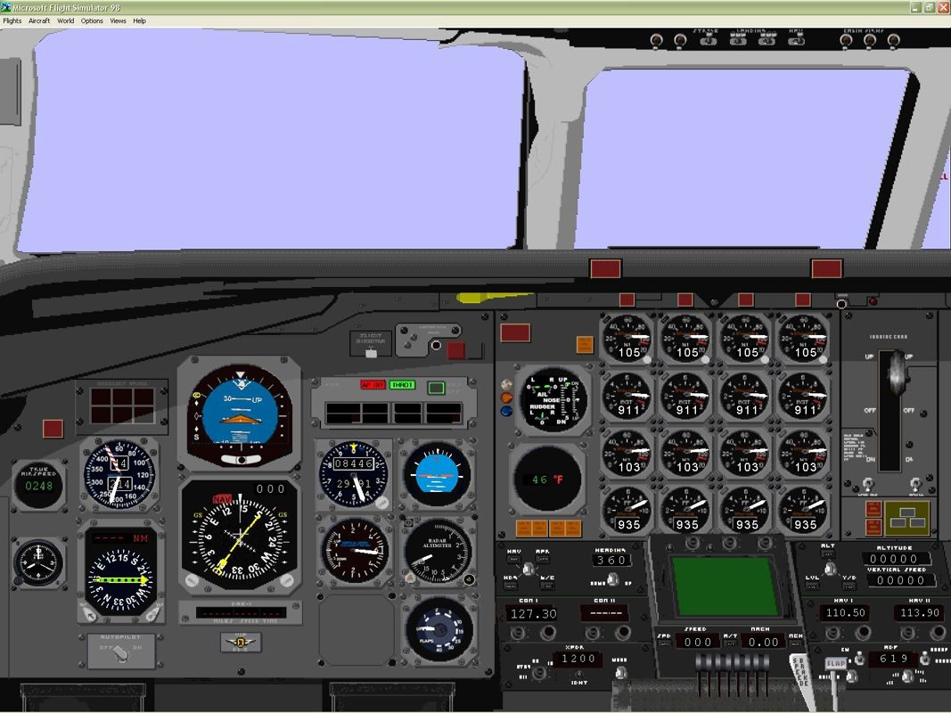VIP Classic Airliners 2000 (Windows) screenshot: The DC-8 cockpit. Microsoft Flight Simulator 98