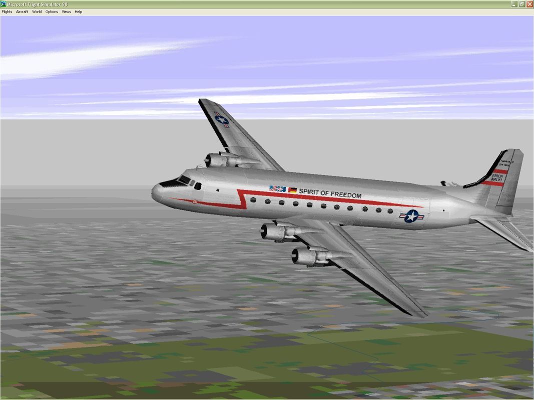 VIP Classic Airliners 2000 (Windows) screenshot: The Douglas C-54 "Spirit of Freedom". This craft was used in the Berlin airlift. Microsoft Flight Simulator 98