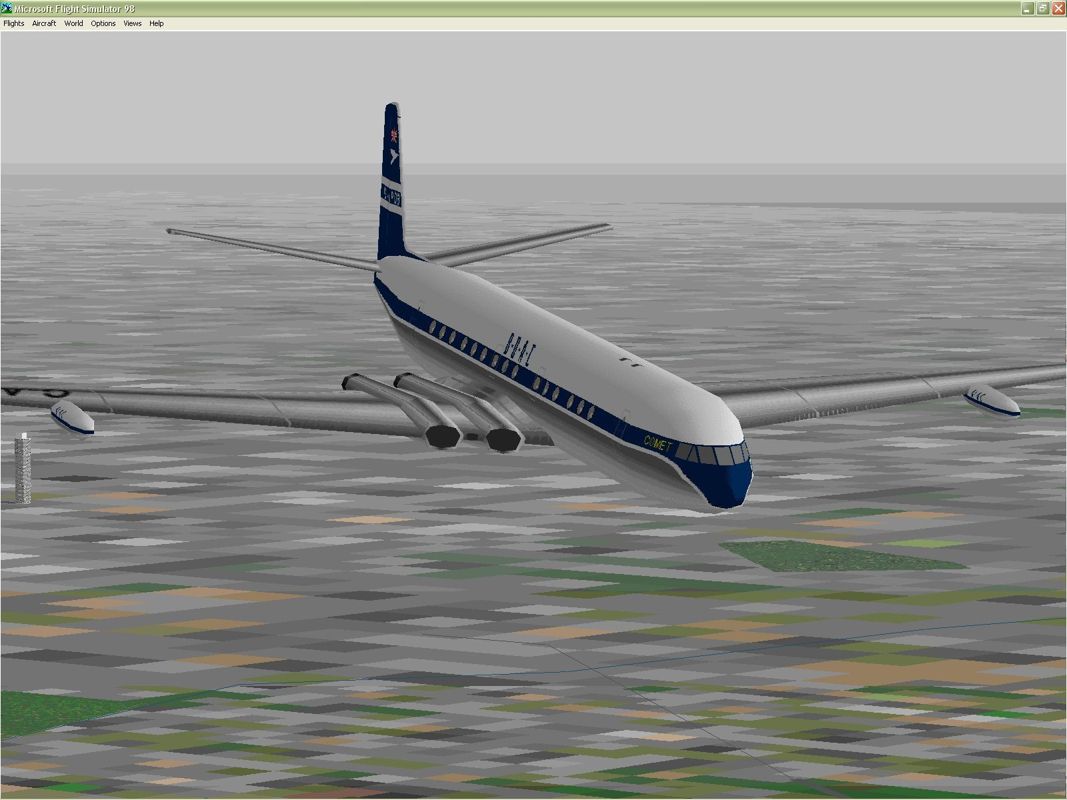 VIP Classic Airliners 2000 (Windows) screenshot: The DeHavilland Comet 4 in classic BOAC livery. Other variants included are the Comet 1, Comet 1a, and Comet 4b. Microsoft Flight Simulator 98