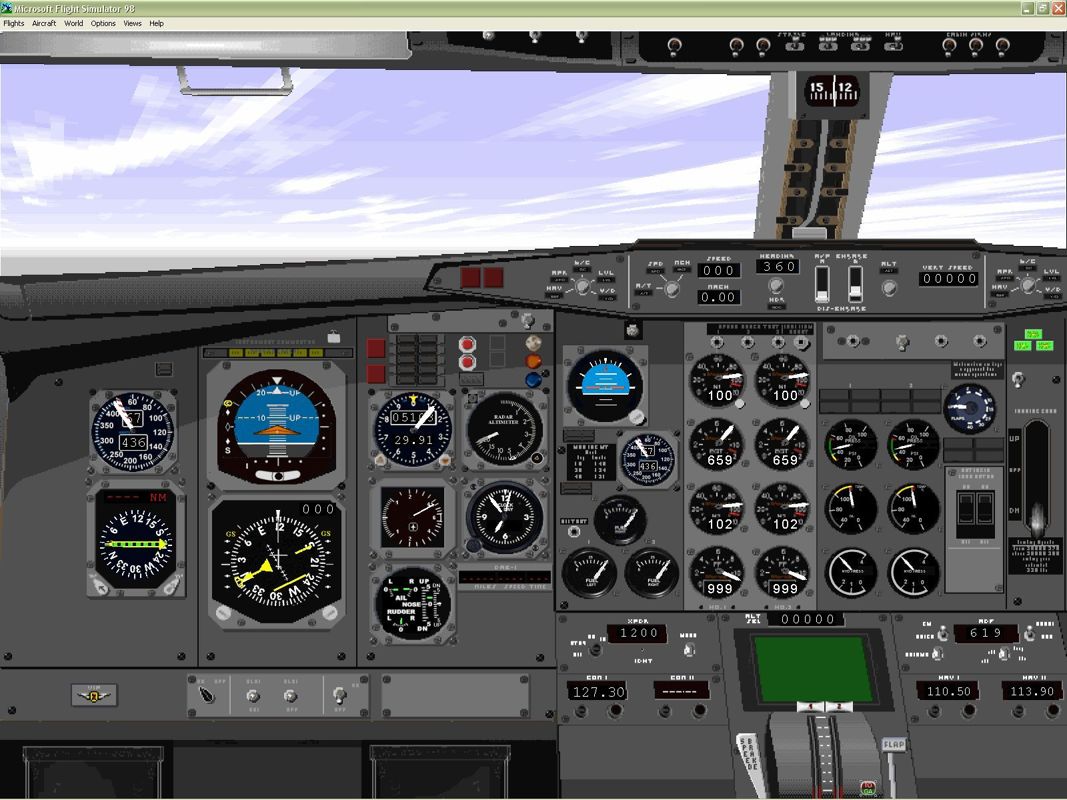 VIP Classic Airliners 2000 (Windows) screenshot: The Boeing 737-200 cockpit. Microsoft Flight Simulator 98