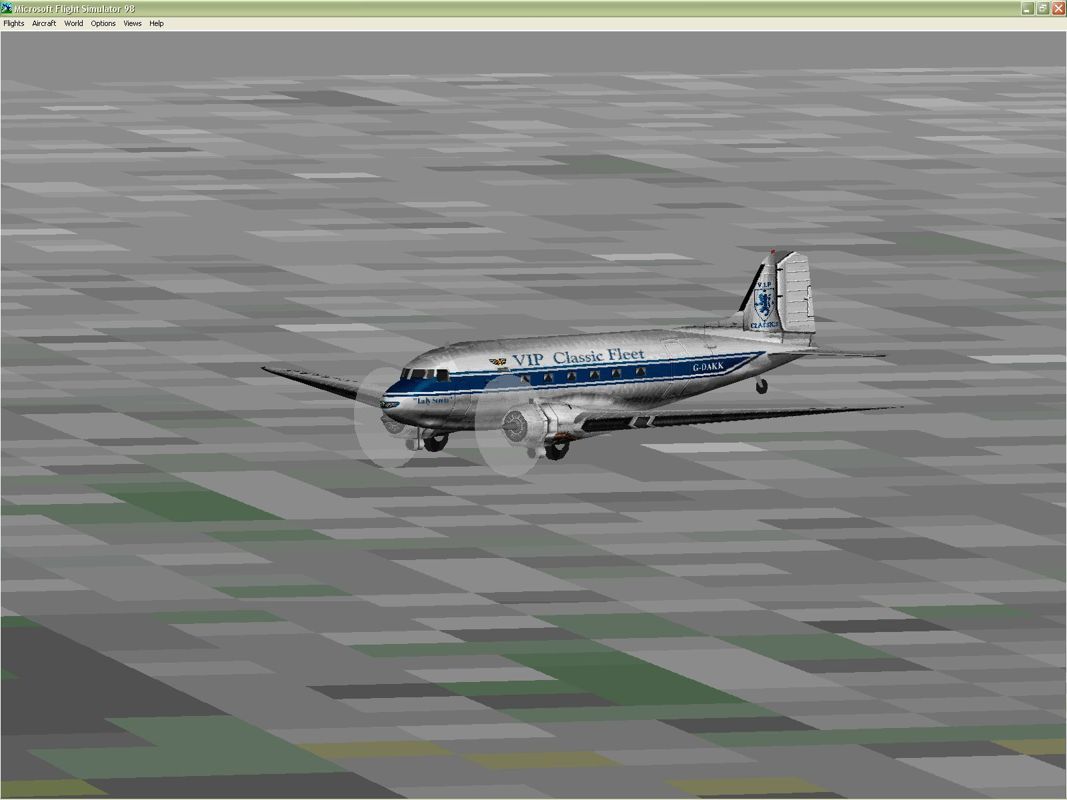VIP Classic Airliners 2000 (Windows) screenshot: The Douglas DC-3 "Lady Serena", in the developer's livery. Microsoft Flight Simulator 98