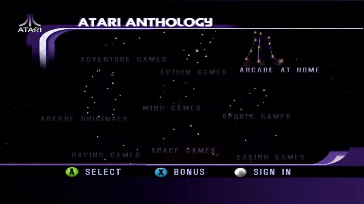 Atari: 80 Classic Games in One! (Xbox) screenshot: Games for the Atari 2600 hide behind "Arcade at Home"