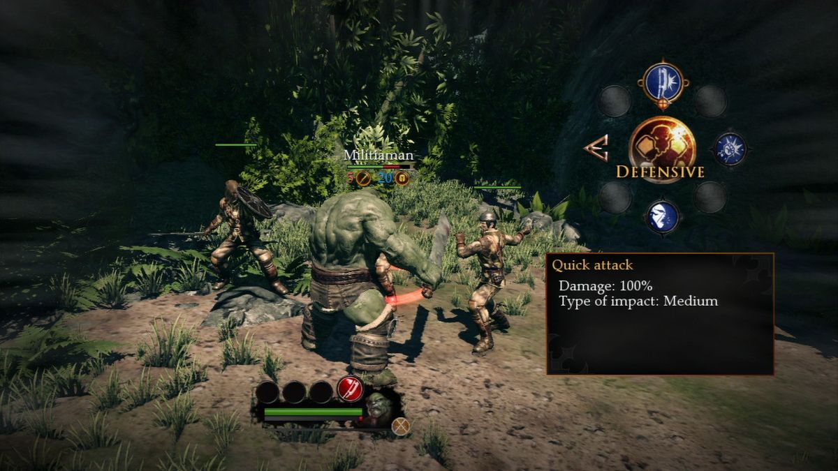 Of Orcs and Men (PlayStation 3) screenshot: Surrounded by three unlucky militiamen.