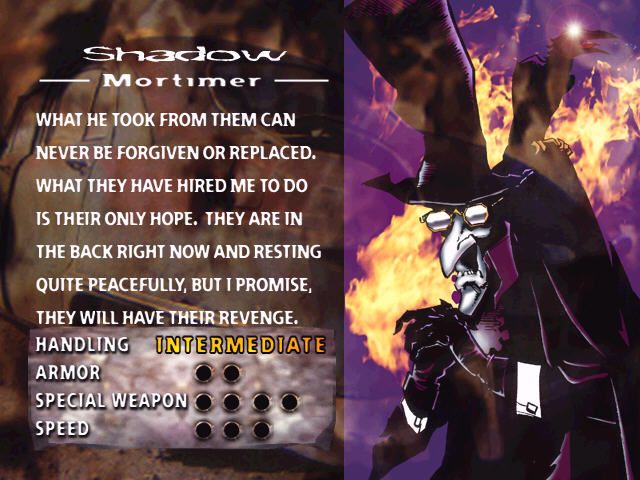 Twisted Metal 2 (Windows) screenshot: Shadow Mortimer info