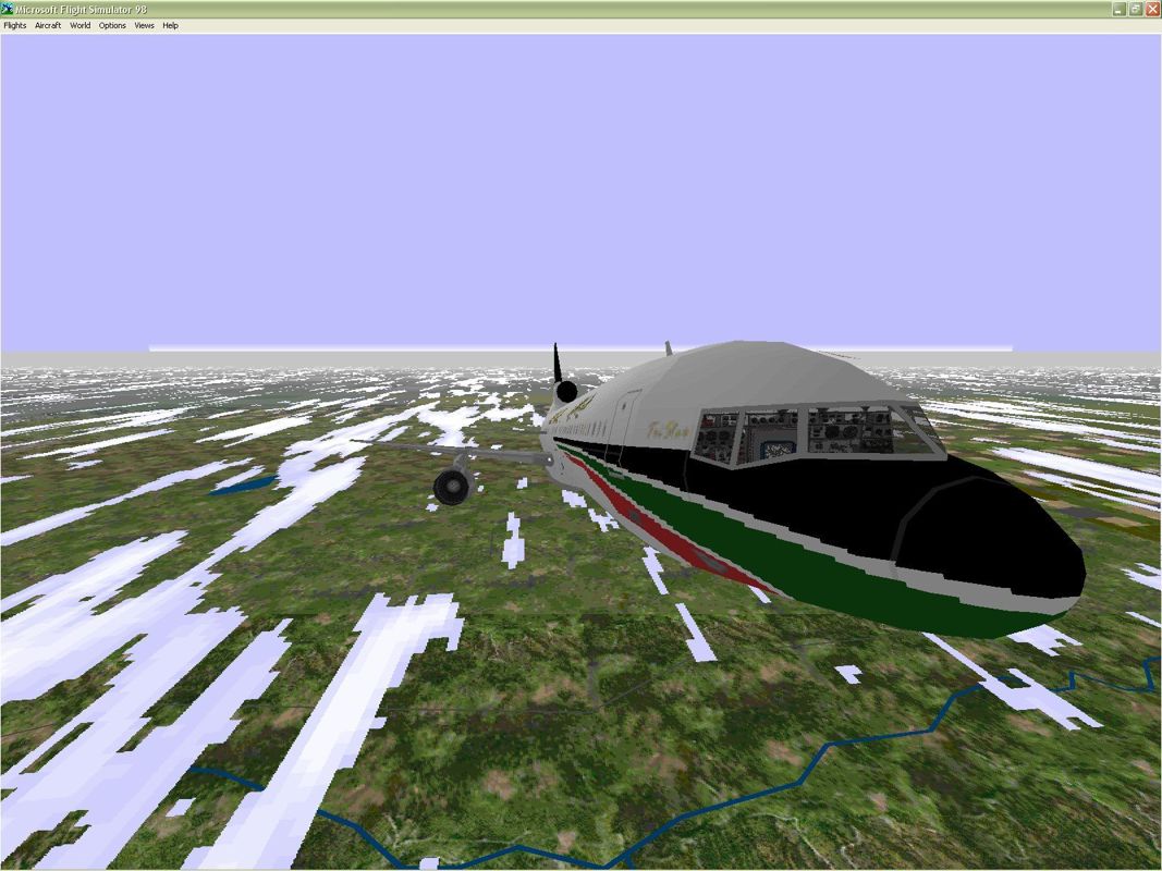 L-1011 TriStar (Windows) screenshot: The flight model allows the player to look inside the cockpit. Flight Simulator 98