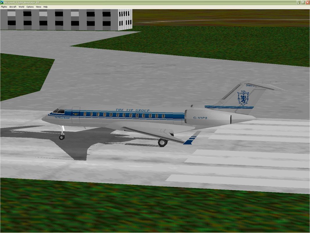VIP Ultimate Classic Wings: The Collection (Windows) screenshot: On the runway of Sweden's Skavsta airport is a Bombardier Global Express executive business jet in the developer's livery.