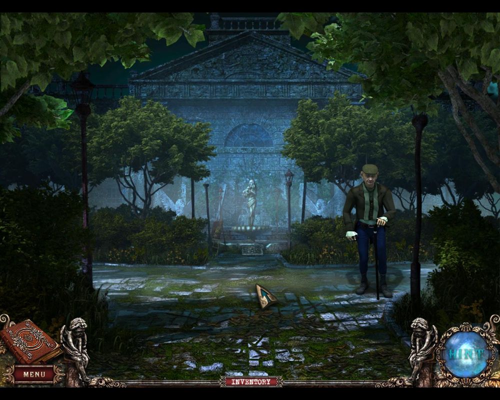 Fear for Sale: Mystery of McInroy Manor (Windows) screenshot: Main gate entrance with watchman keeping an eye on me