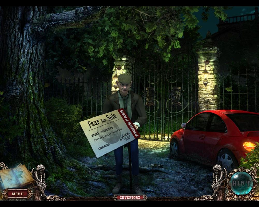 Fear for Sale: Mystery of McInroy Manor (Windows) screenshot: Providing the ‘Watchman’ my press pass