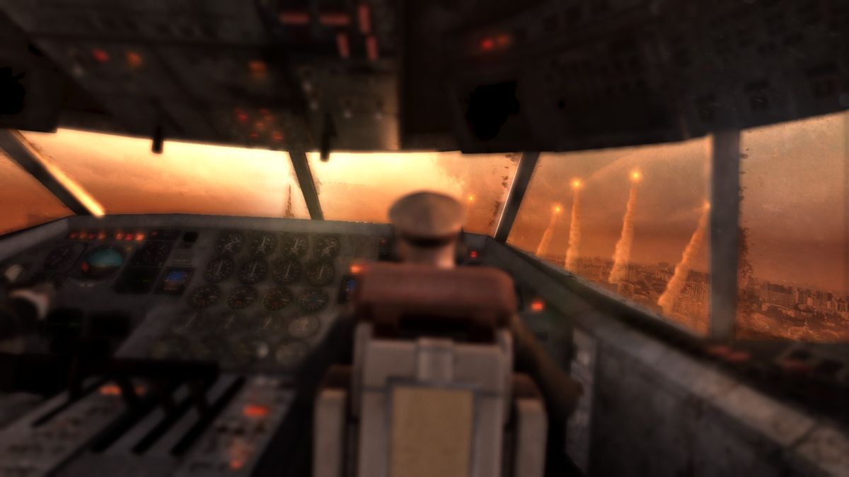 Metro: Last Light (Windows) screenshot: Artyom is still haunted by flashbacks from the past. In this case, he witnesses the apocalypse first hand from the perspective of a passenger planes pilot.