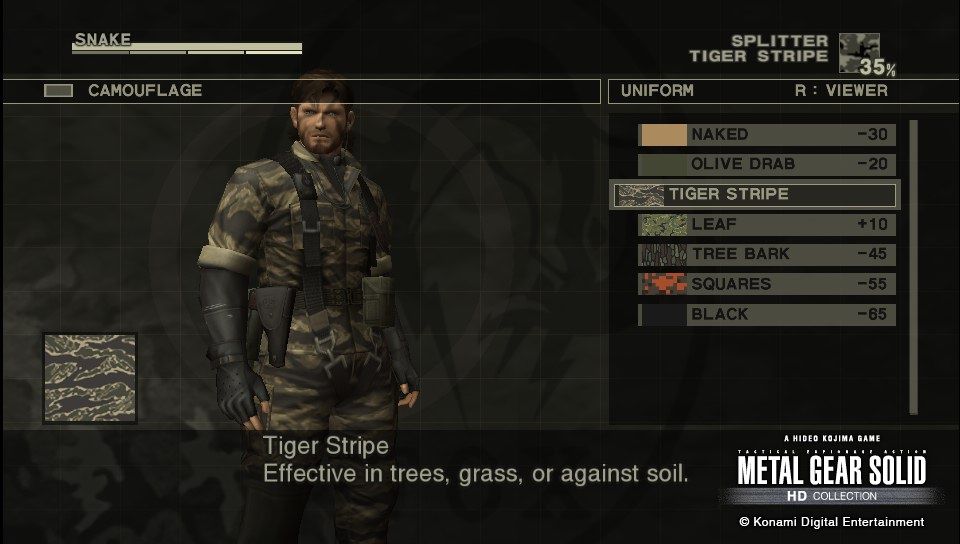 Metal Gear Solid 3: Subsistence (PS Vita) screenshot: Camouflage plays vital role in this game.