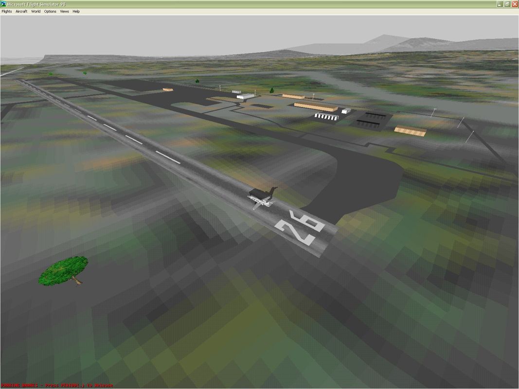 Venezia 98 (Windows) screenshot: On the runway at Verona Boscomantico airport in the spring. Microsoft Flight Simulator 98