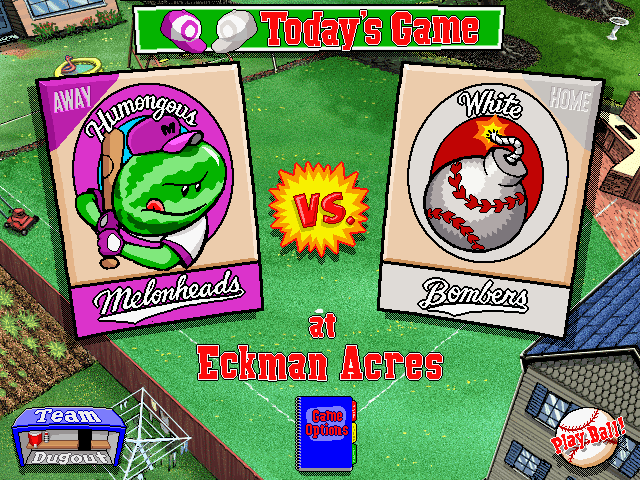 Backyard Baseball (Windows) screenshot: Just in case you forgot who was playing today's game. You can also swap who is the home and away team.