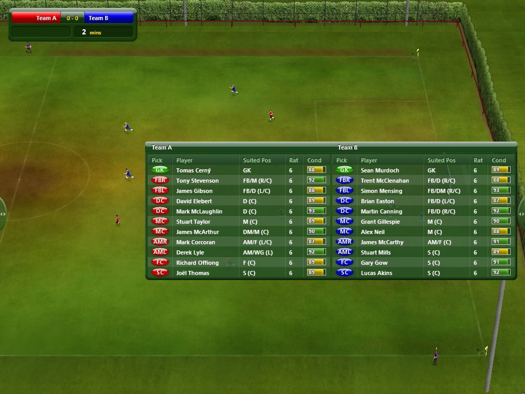 Championship Manager 2010 (Windows) screenshot: A training match in progress but the idea holds for a 'real' fixture and shows there are two menus accessed via tabs at either side of the screen