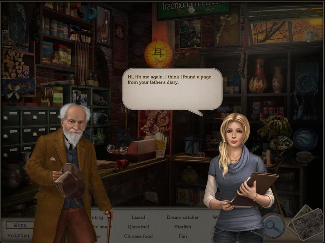 Letters from Nowhere 2 (Windows) screenshot: Magic Shop owner talking with Audrey