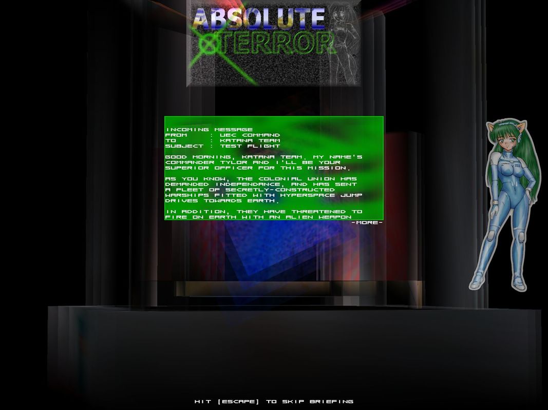 Absolute Terror (Windows) screenshot: The good old mission briefing. Our co-pilot makes the occasional sarcastic remark in a window at the bottom of the screen which does not show up on screenshots.