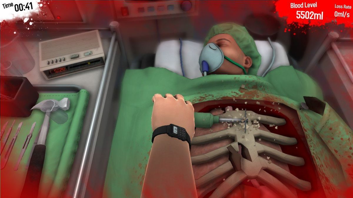 Surgeon Simulator 2013 (Windows) screenshot: Sawing away on the ribcage.