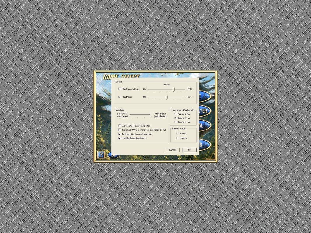 Bass Masters Classic: Tournament Edition (Windows) screenshot: The game configuration options appear in a window that only partially overwrites the menu screen