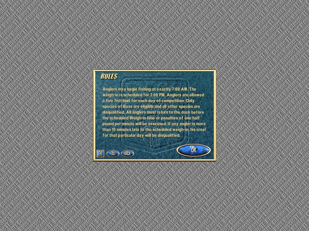 Bass Masters Classic: Tournament Edition (Windows) screenshot: All games are played by rules, these are the rules for this game