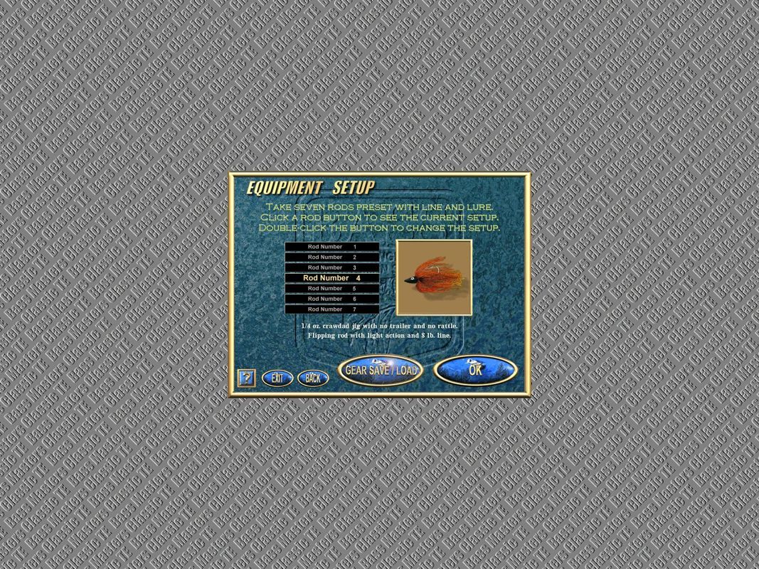 Bass Masters Classic: Tournament Edition (Windows) screenshot: The player can select seven rod / lure combinations for the lake and the conditions they are fishing under. For Amateurs there is a pre-defined set.