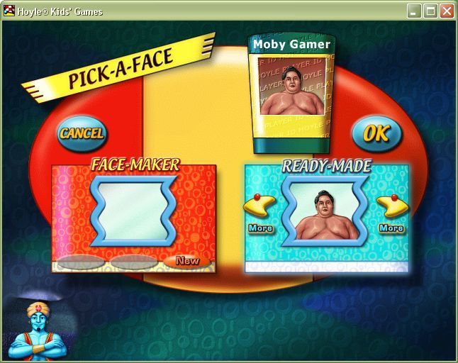 Hoyle Kids Games (Windows) screenshot: The mirror in the main menu screen brings up the FaceMaker option were the player can create a face for themselves that can be used in the game screens, or select a ready-made one