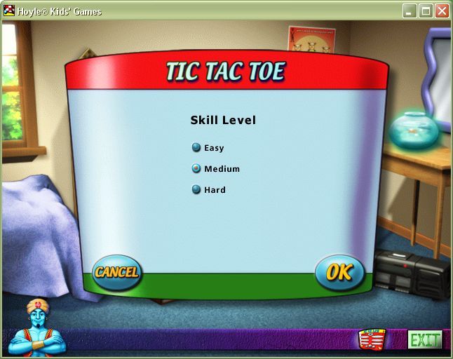 Hoyle Kids Games (Windows) screenshot: Selecting the goldfish bowl from the main menu brings up a Tic-Tac-Toe game with three difficulty settings