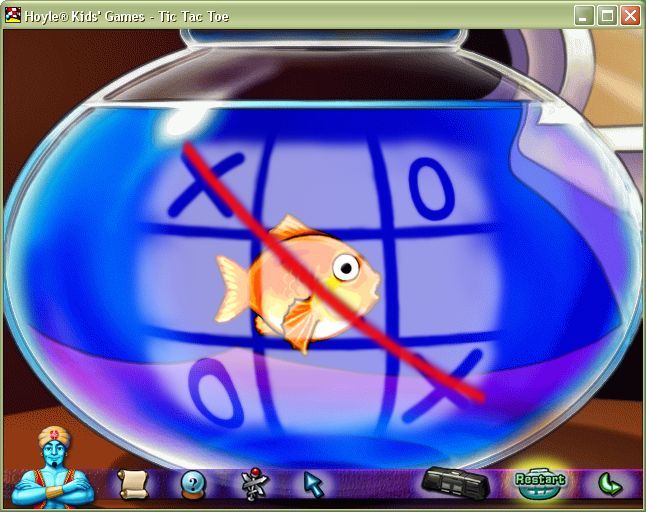 Hoyle Kids Games (Windows) screenshot: The end of a Tic-Tac-Toe game. The fish blows bubbles which form the O's