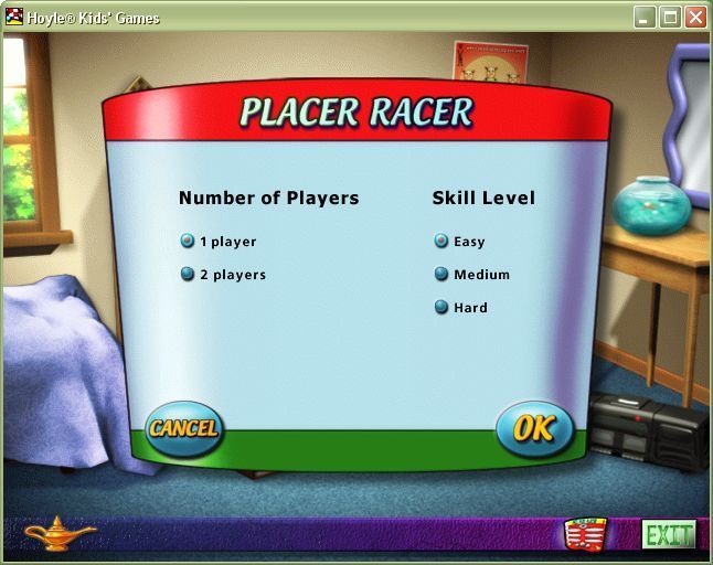 Hoyle Kids Games (Windows) screenshot: The Television hotspot on the main screen brings up PlacerRacer. This is it's configuration screen.