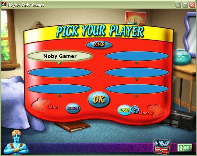 Hoyle Kids Games (Windows) screenshot: At any time the player can switch identities via the small red icon in the lower right of the main window