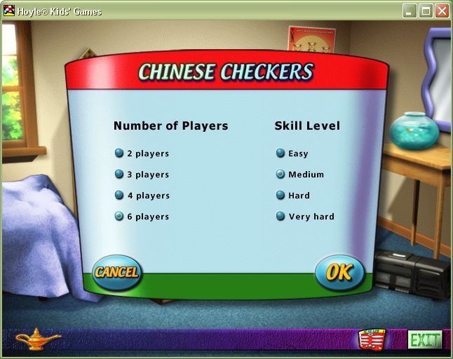Hoyle Kids Games (Windows) screenshot: The compilation contains a Chinese Checkers game. This is the configuration screen, the computer plays all other players.