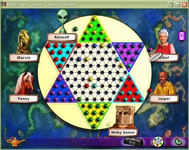 Hoyle Kids Games (Windows) screenshot: The end of a Chinese Checkers game where one of the computer players won
