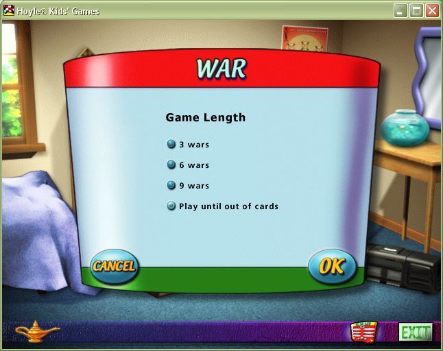 Hoyle Kids Games (Windows) screenshot: One of the games on the shelves is War. This is a card matching game. It can be quite long unless a limit is set