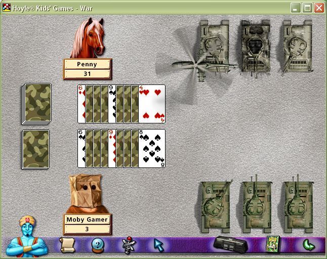 Hoyle Kids Games (Windows) screenshot: A game of War in progress. The higher card wins the stack. If there's a match then it's war. Three extra cards are played face down and the players face off again.