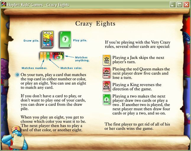 Hoyle Kids Games (Windows) screenshot: Every game has a set of rules. These are accessed via the genie's lamp which brings up a set of icons along the bottom of the screen. These are the rules for Crazy Eights.