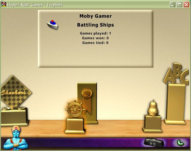 Hoyle Kids Games (Windows) screenshot: The Trophy Wall shows the game statistics on games played & won, or lost as in this case