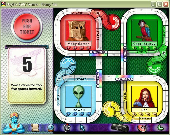 Hoyle Kids Games (Windows) screenshot: Bump 'Em is a variation on Ludo. It uses tickets instead of dice