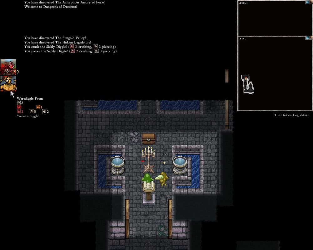 Dungeons of Dredmor: Realm of the Diggle Gods (Windows) screenshot: This isn't exactly how I planned to look this morning. Werediggle from the Werediggle Curse skill, allows the player to turn into...wait for it...a Werediggle.